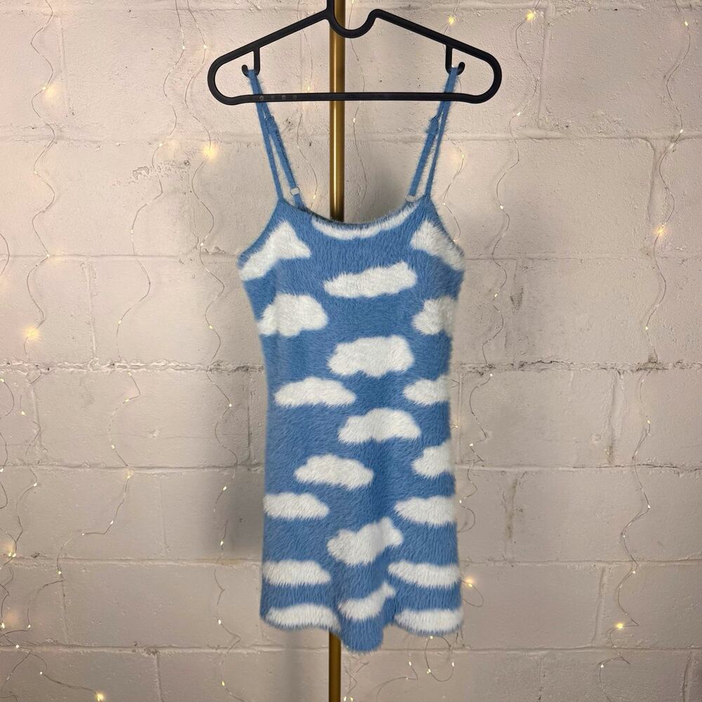 dELiA*s Lucy in the Sky cloud print fuzzy mini dress blue white M Y2K